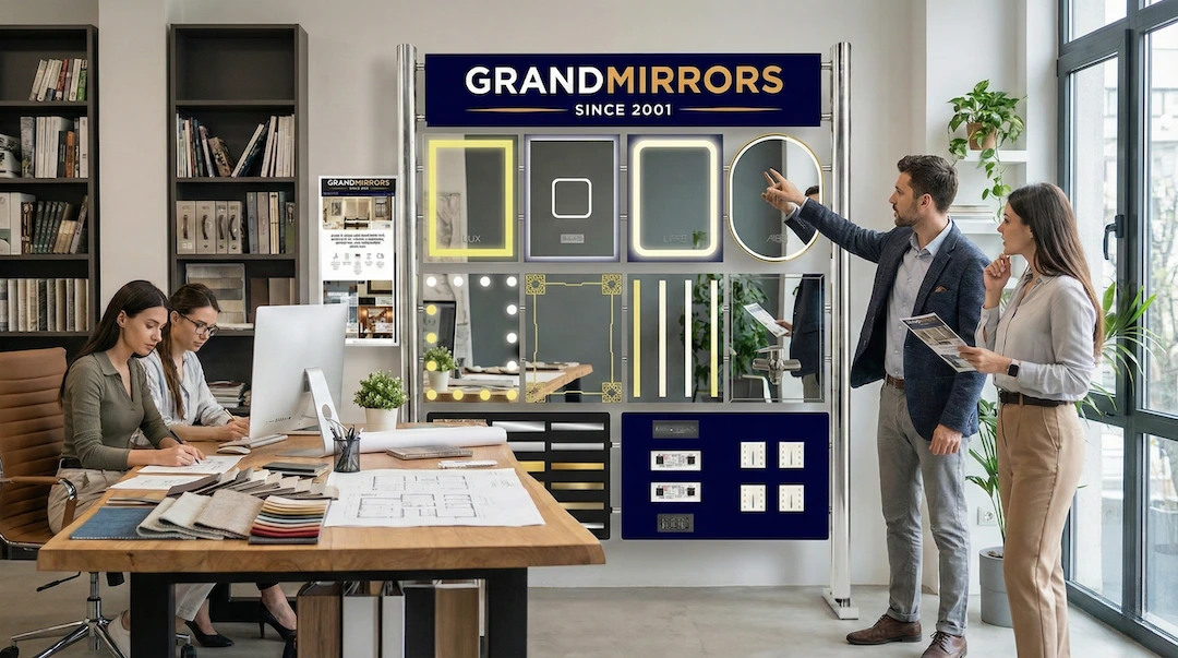 Two wall-mounted lighted mirrors in a washroom above its elegant sink.