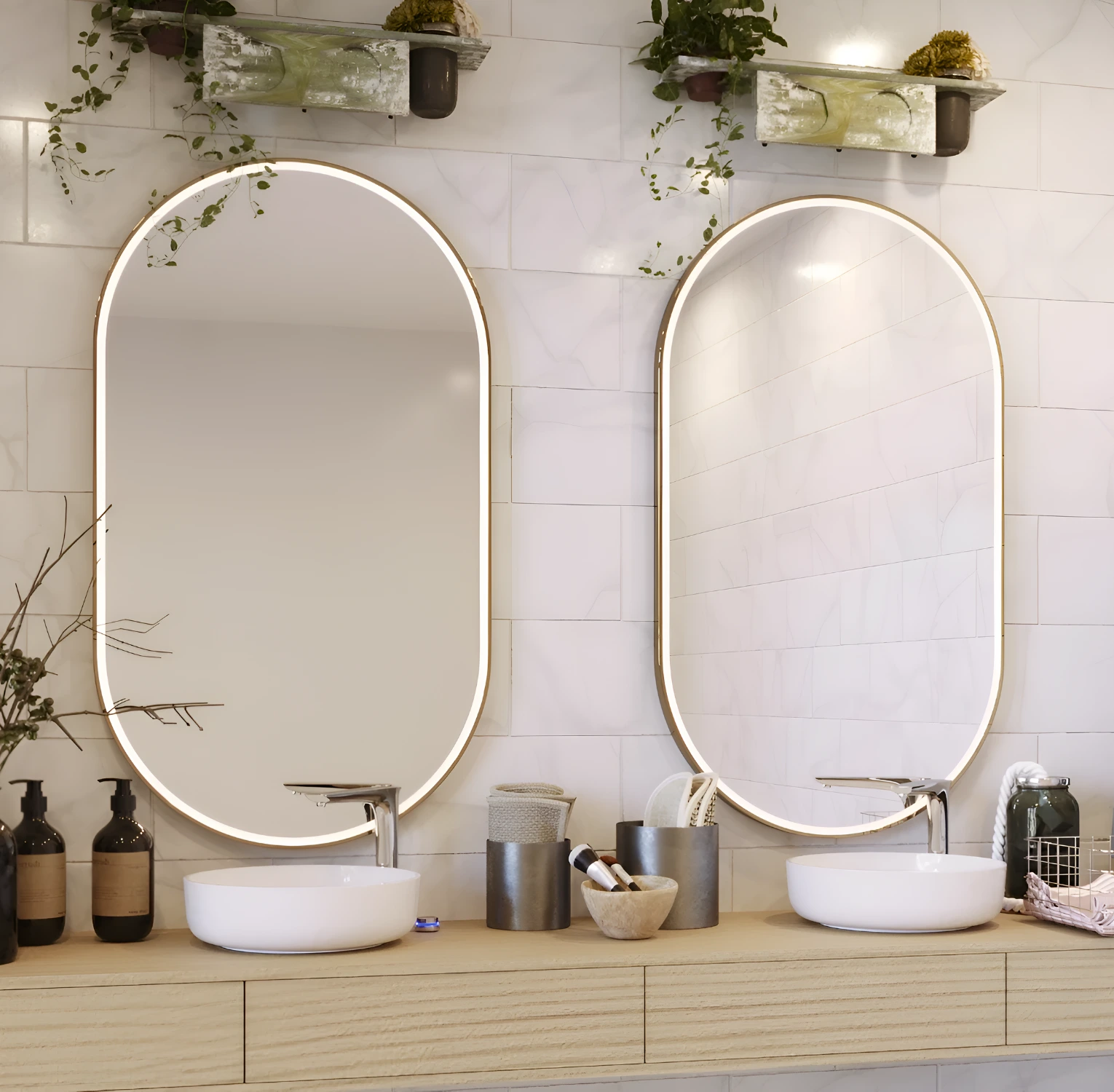 Custom lighted mirror with marble frame in modern bathroom featuring marble walls, gold fixtures, and elegant lighting.