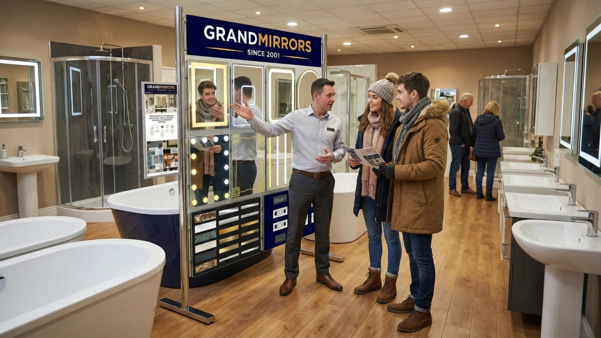 Mirror with light frame set into a wall made in ivory porcelain tiles.
