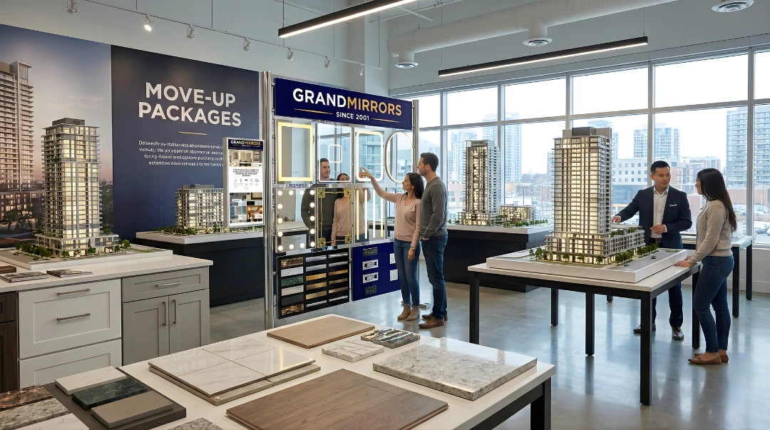 Mirror with light frame set into a wall made in ivory porcelain tiles.