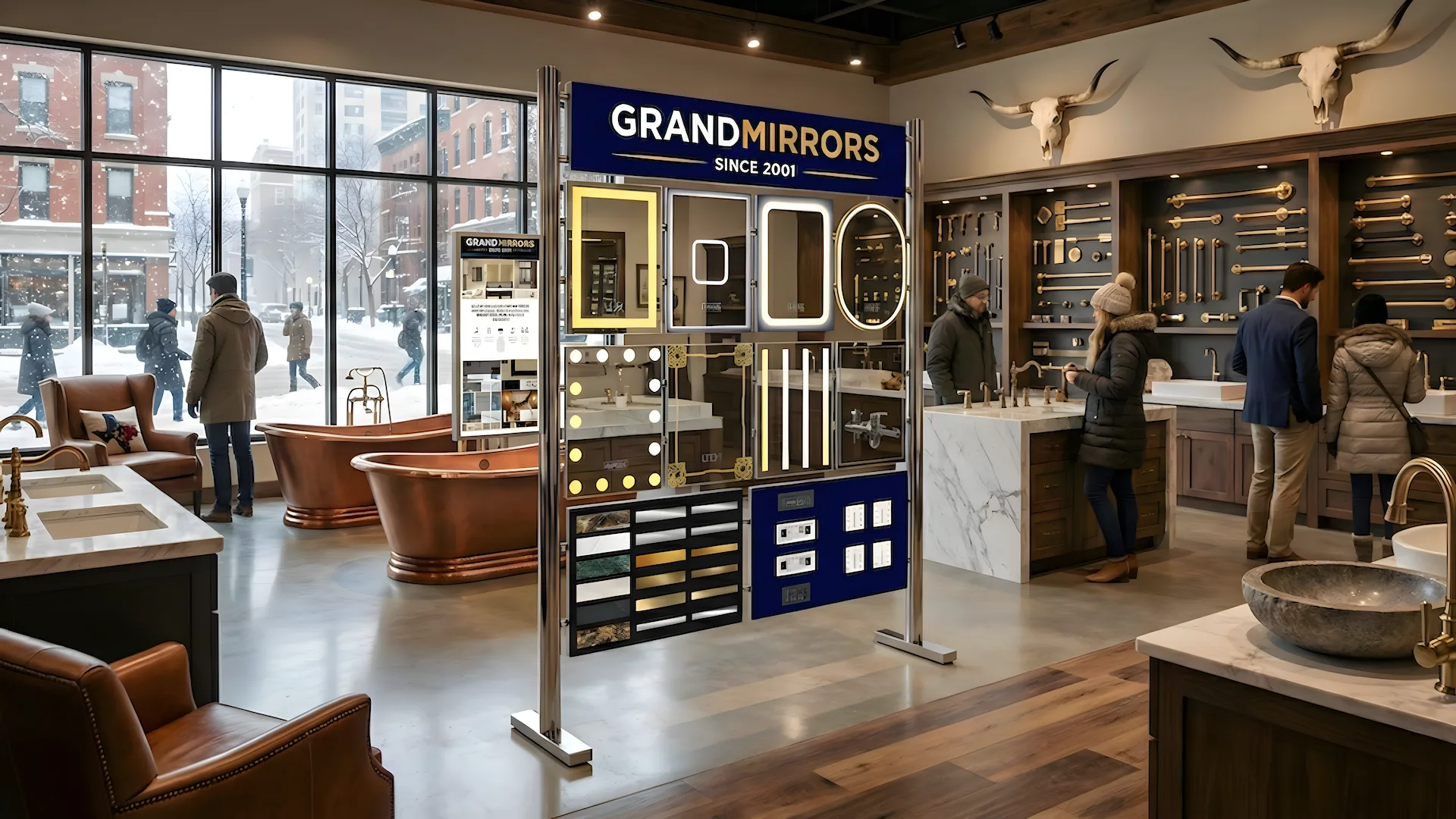A clean bathroom featuring a modern sink and a large mirror reflecting the bright, well-lit space.