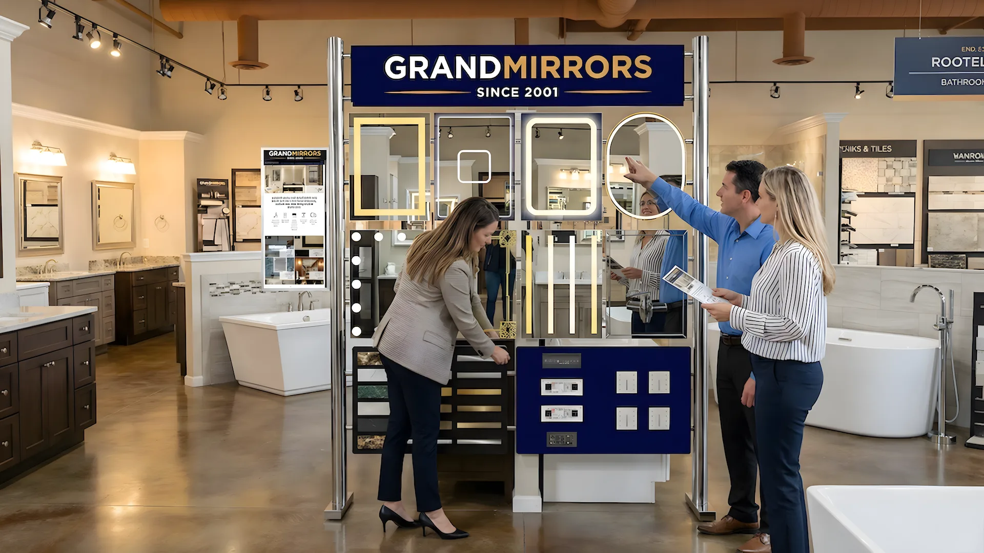 Luxurious bathroom with a unique illuminated mirror as the centerpiece of the area.