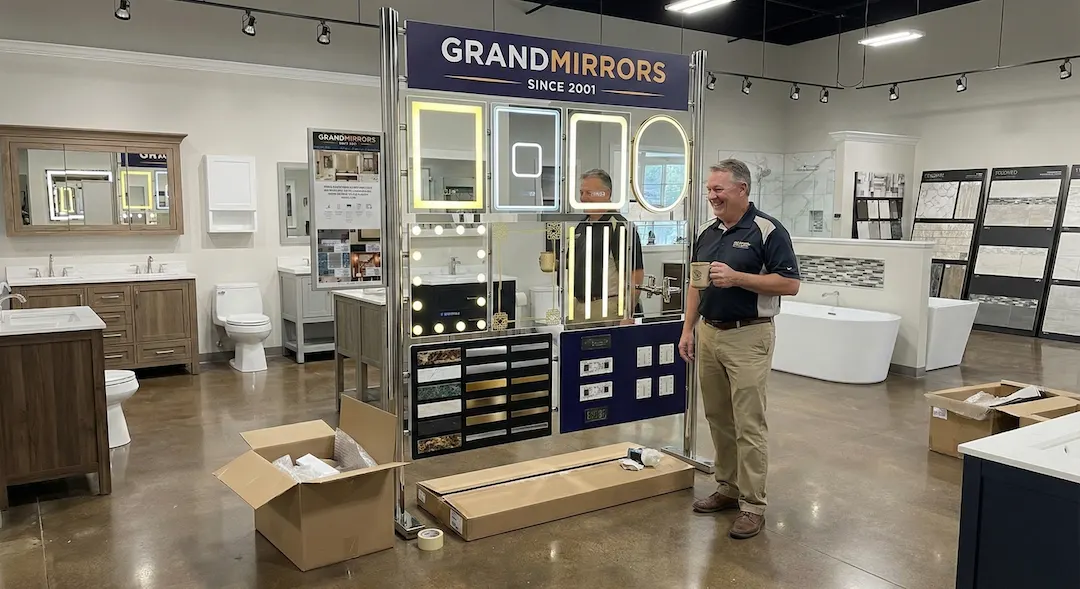 A clean bathroom featuring a modern sink and a large mirror reflecting the bright, well-lit space.